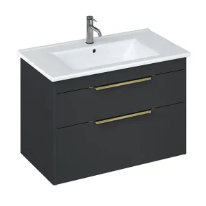 Britton Shoreditch 850mm Wall Hung Double Drawer Vanity Unit with Brass Handles   Matt Grey