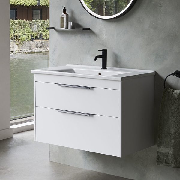Britton Shoreditch 850mm Wall Hung Double Drawer Vanity Unit with Chrome Handles   Matt White - Image 2