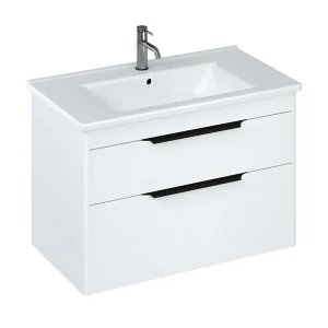 Britton Shoreditch 850mm Wall Hung Double Drawer Vanity Unit with Black Handles   Matt White