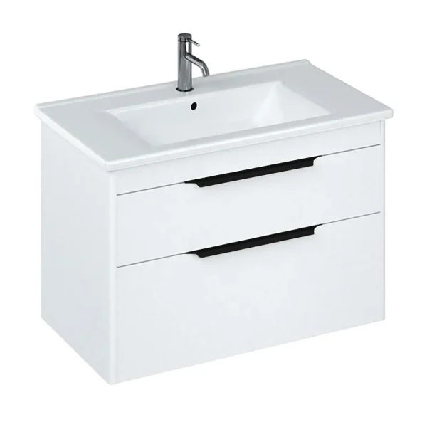 Britton Shoreditch 850mm Wall Hung Double Drawer Vanity Unit with Black Handles   Matt White