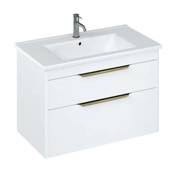 Britton Shoreditch 850mm Wall Hung Double Drawer Vanity Unit with Brass Handles   Matt White