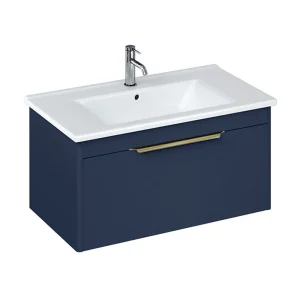 Britton Shoreditch 850mm Wall Hung Single Drawer Vanity Unit with Brass Handle   Matt Blue