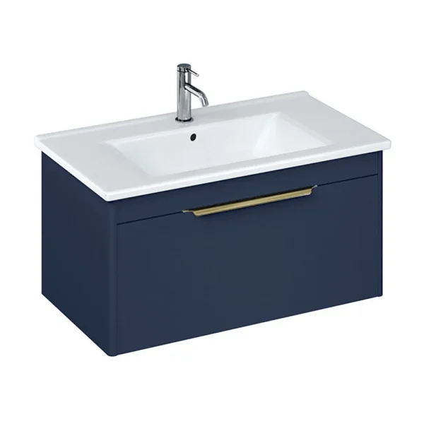 Britton Shoreditch 850mm Wall Hung Single Drawer Vanity Unit with Brass Handle   Matt Blue