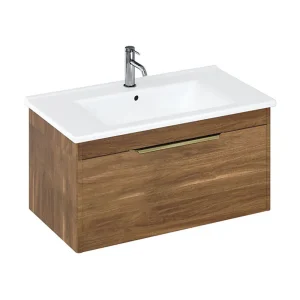 Britton Shoreditch 850mm Wall Hung Single Drawer Vanity Unit with Brass Handle   Caramel