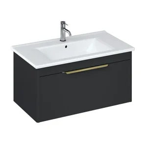 Britton Shoreditch 850mm Wall Hung Single Drawer Vanity Unit with Brass Handle   Matt Grey