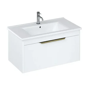Britton Shoreditch 850mm Wall Hung Single Drawer Vanity Unit with Brass Handle   Matt White