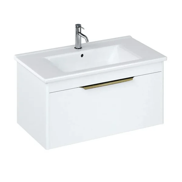 Britton Shoreditch 850mm Wall Hung Single Drawer Vanity Unit with Brass Handle   Matt White