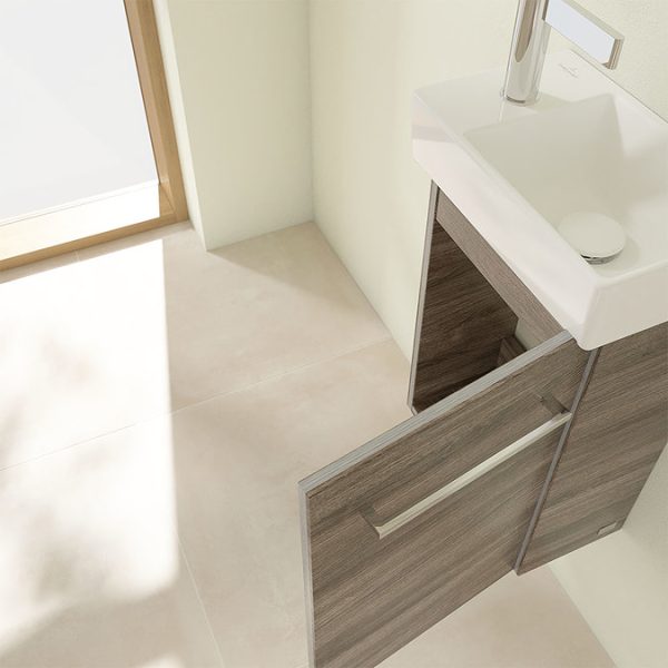 Villeroy and Boch Avento Stone Oak 360mm Wall Hung Vanity Unit with Right Bowl Basin - Image 2