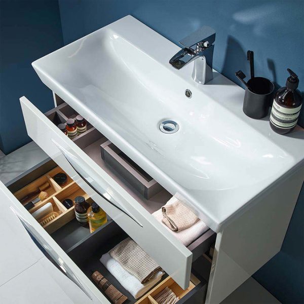 Roper Rhodes Scheme 1000mm Wall Mounted Double Drawer Unit with Ceramic Basin   Gloss Light Grey - Image 3