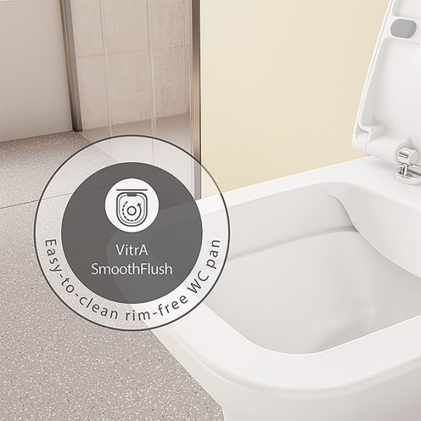VitrA Evi Square Rimless Toilet with Soft Close Seat + Concealed WC Dual Flush Cistern with Wall Hung Frame (Matt Black Flush Plate) - Image 8