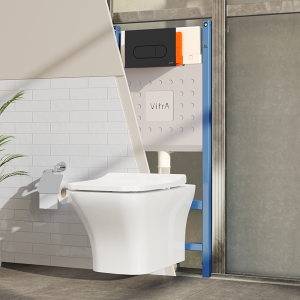 VitrA Evi Square Rimless Toilet with Soft Close Seat + Concealed WC Dual Flush Cistern with Wall Hung Frame (Matt Black Flush Plate)