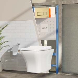 VitrA Evi Square Rimless Toilet with Soft Close Seat + Concealed WC Dual Flush Cistern with Wall Hung Frame (Brushed Gold Flush Plate)
