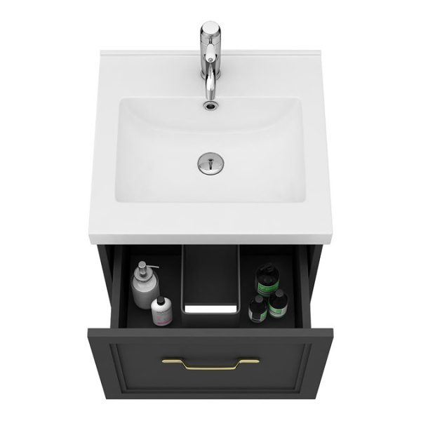 Trafalgar Wall Hung Vanity   Matt Black   500mm 1 Drawer with Brushed Brass Handle - Image 3