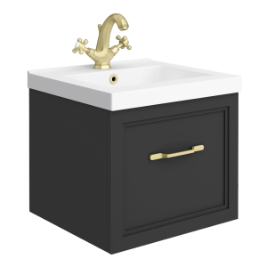Trafalgar Wall Hung Vanity   Matt Black   500mm 1 Drawer with Brushed Brass Handle