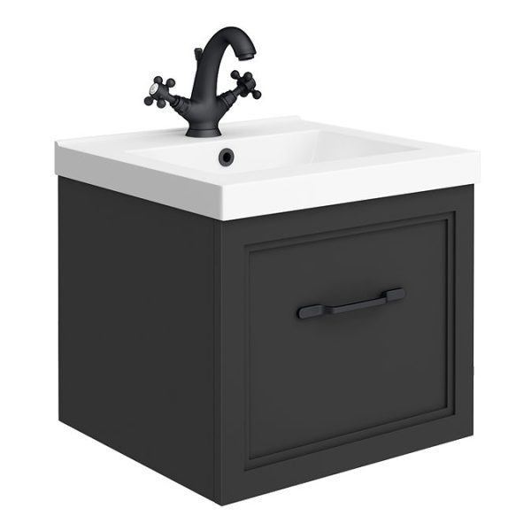 Trafalgar Wall Hung Vanity   Matt Black   500mm 1 Drawer with Matt Black Handle - Image 2