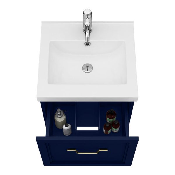 Trafalgar Wall Hung Vanity   Matt Blue   500mm 1 Drawer with Brushed Brass Handle - Image 2
