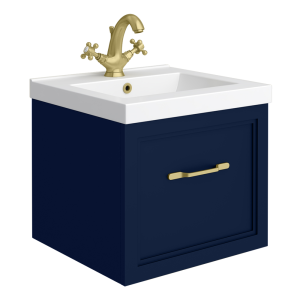 Trafalgar Wall Hung Vanity   Matt Blue   500mm 1 Drawer with Brushed Brass Handle
