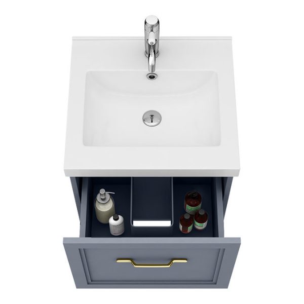 Trafalgar Wall Hung Vanity   Matt Grey   500mm 1 Drawer with Brushed Brass Handle - Image 2