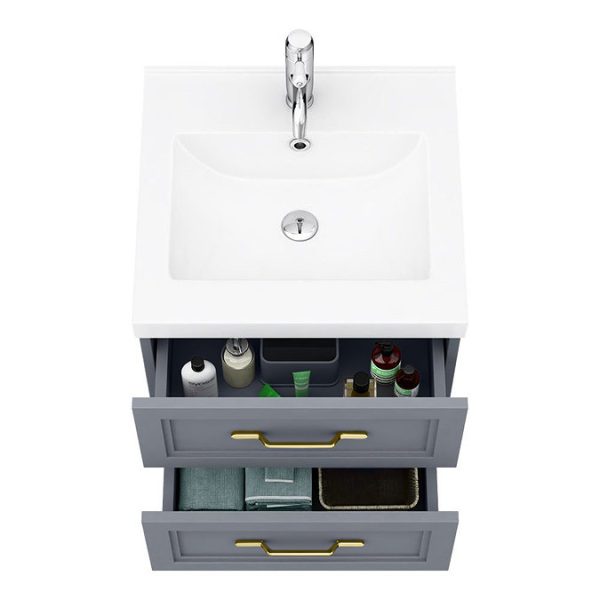 Trafalgar Wall Hung Vanity   Matt Grey   500mm 2 Drawer with Brushed Brass Handles - Image 2