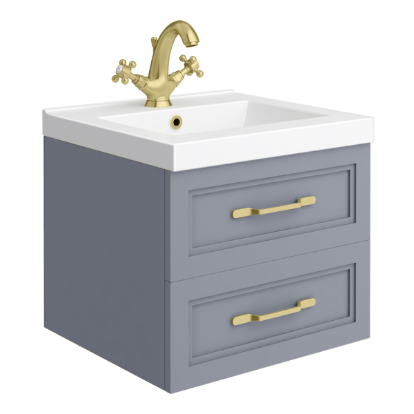 Trafalgar Wall Hung Vanity   Matt Grey   500mm 2 Drawer with Brushed Brass Handles
