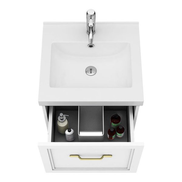 Trafalgar Wall Hung Vanity   Matt White   500mm 1 Drawer with Brushed Brass Handle - Image 2