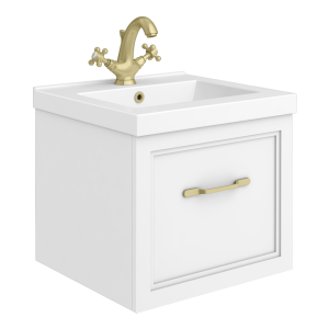 Trafalgar Wall Hung Vanity   Matt White   500mm 1 Drawer with Brushed Brass Handle