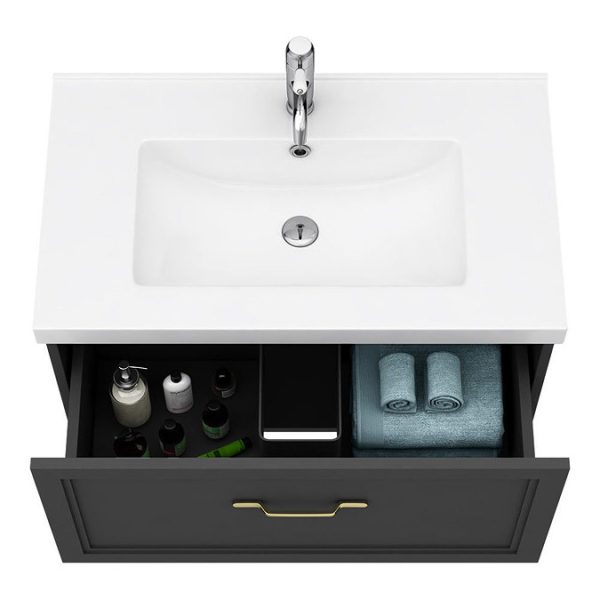 Trafalgar Wall Hung Vanity   Matt Black   800mm 1 Drawer with Brushed Brass Handle - Image 2
