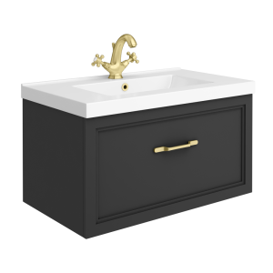 Trafalgar Wall Hung Vanity   Matt Black   800mm 1 Drawer with Brushed Brass Handle