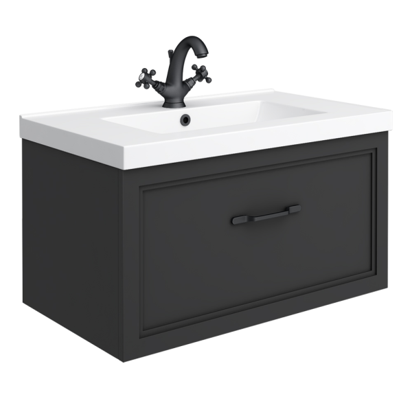 Trafalgar Wall Hung Vanity   Matt Black   800mm 1 Drawer with Matt Black Handle
