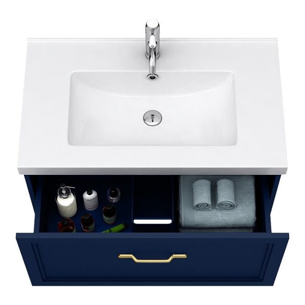 Trafalgar Wall Hung Vanity   Matt Blue   800mm 1 Drawer with Brushed Brass Handle - Image 2