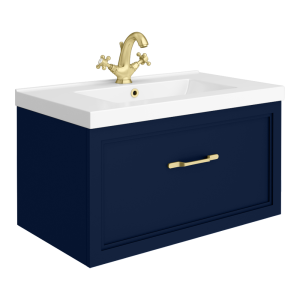 Trafalgar Wall Hung Vanity   Matt Blue   800mm 1 Drawer with Brushed Brass Handle