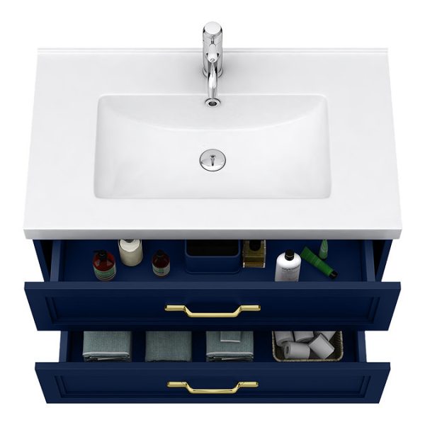 Trafalgar Wall Hung Vanity   Matt Blue   800mm 2 Drawer with Brushed Brass Handles - Image 2
