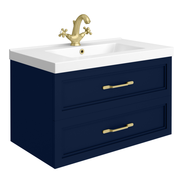 Trafalgar Wall Hung Vanity   Matt Blue   800mm 2 Drawer with Brushed Brass Handles