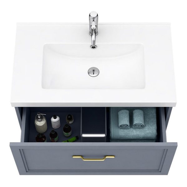 Trafalgar Wall Hung Vanity   Matt Grey   800mm 1 Drawer with Brushed Brass Handle - Image 2
