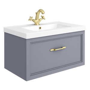 Trafalgar Wall Hung Vanity   Matt Grey   800mm 1 Drawer with Brushed Brass Handle