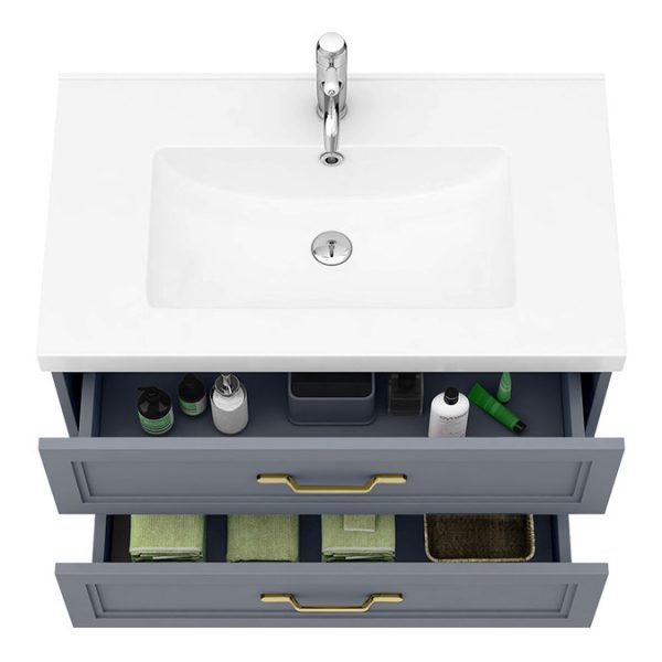Trafalgar Wall Hung Vanity   Matt Grey   800mm 2 Drawer with Brushed Brass Handles - Image 2