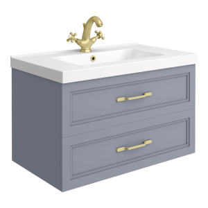 Trafalgar Wall Hung Vanity   Matt Grey   800mm 2 Drawer with Brushed Brass Handles