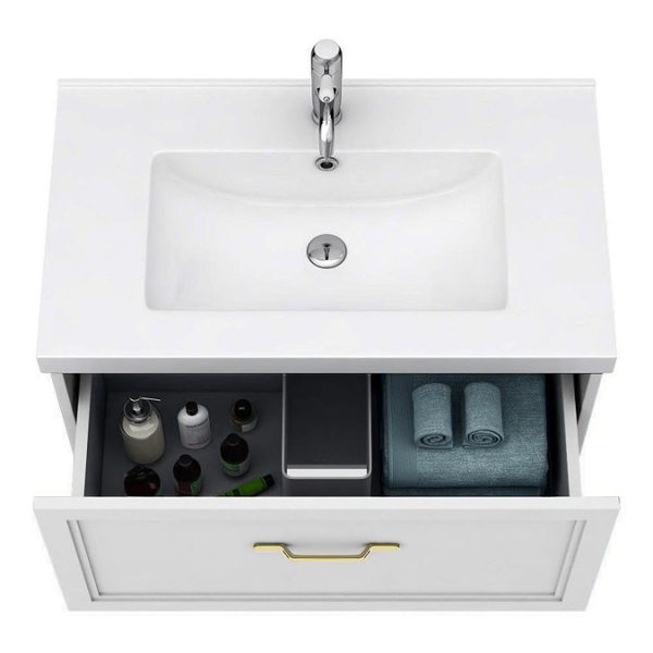 Trafalgar Wall Hung Vanity   Matt White   800mm 1 Drawer with Brushed Brass Handle - Image 2