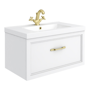Trafalgar Wall Hung Vanity   Matt White   800mm 1 Drawer with Brushed Brass Handle