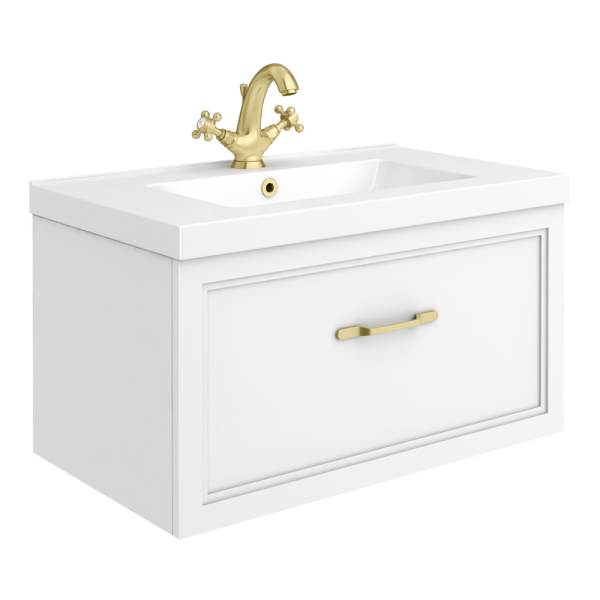 Trafalgar Wall Hung Vanity   Matt White   800mm 1 Drawer with Brushed Brass Handle