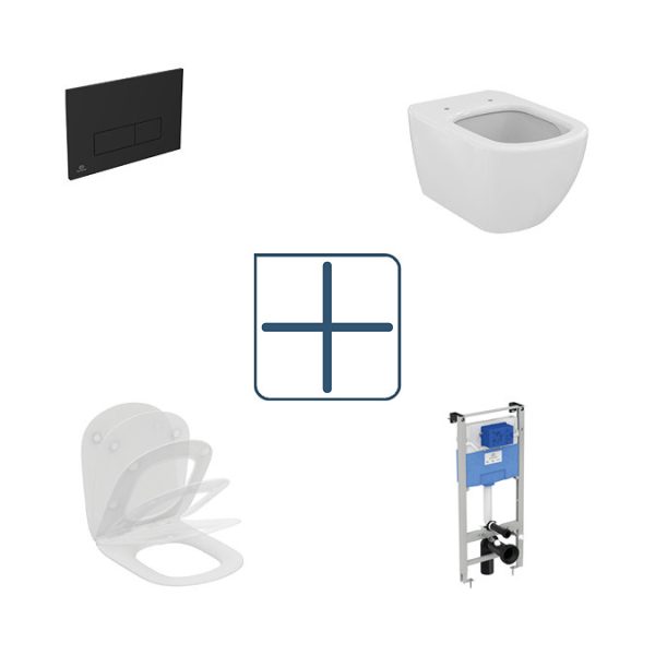 Ideal Standard Tesi AquaBlade Toilet + Concealed WC Pneumatic Cistern with Wall Hung Frame (Black Flush Plate) - Image 3