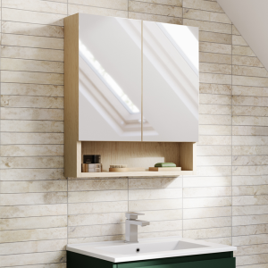 Tivoli 600 Mirrored 2 Door Cabinet with Open Shelf   Oak