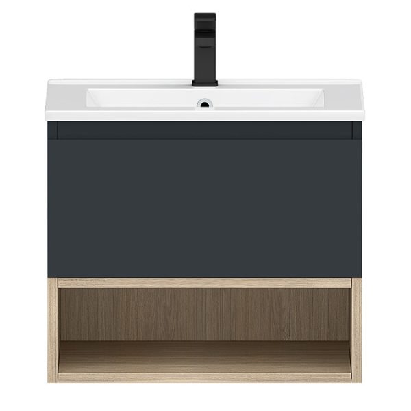 Tivoli 600 Wall Hung Vanity Unit with Open Shelf   Charcoal and Oak - Image 4