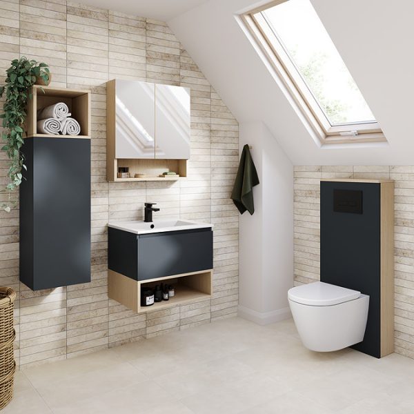 Tivoli 600 Wall Hung Vanity Unit with Open Shelf   Charcoal and Oak - Image 2