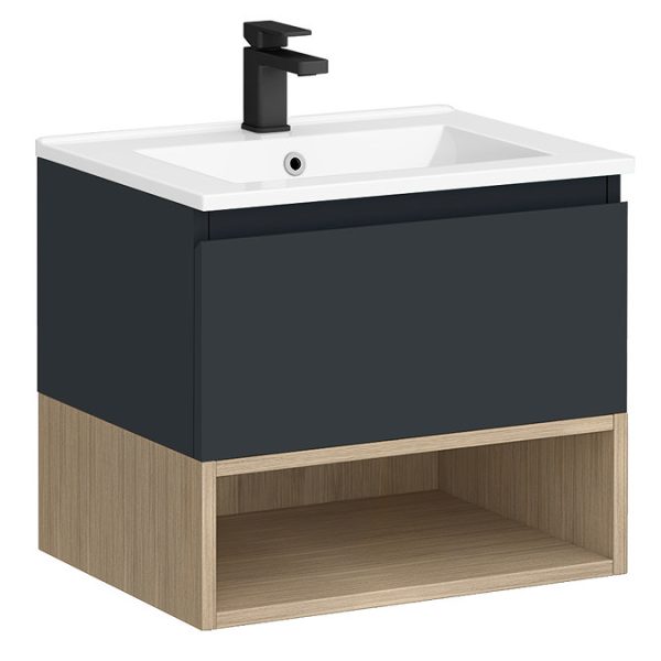 Tivoli 600 Wall Hung Vanity Unit with Open Shelf   Charcoal and Oak - Image 7