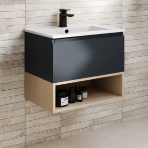 Tivoli 600 Wall Hung Vanity Unit with Open Shelf   Charcoal and Oak