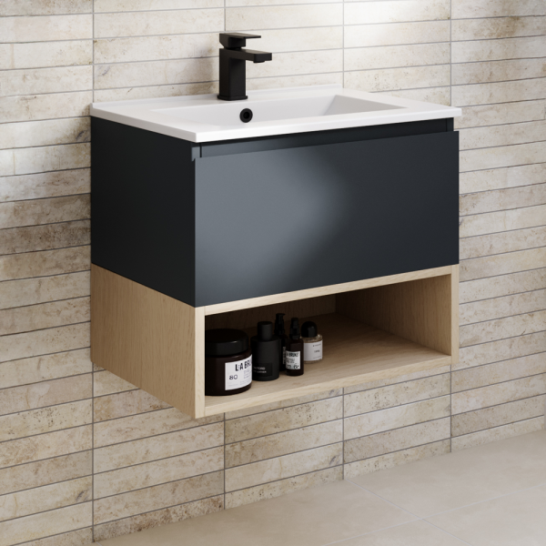 Tivoli 600 Wall Hung Vanity Unit with Open Shelf   Charcoal and Oak
