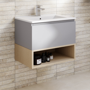 Tivoli 600 Wall Hung Vanity Unit with Open Shelf   Dove Grey and Oak