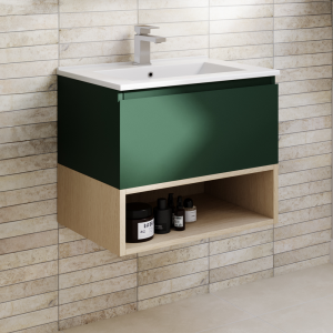 Tivoli 600 Wall Hung Vanity Unit with Open Shelf   Forest Green and Oak
