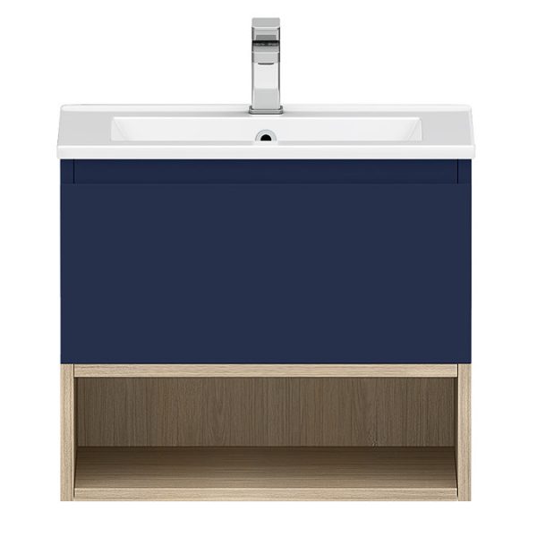 Tivoli 600 Wall Hung Vanity Unit with Open Shelf   Ink Blue and Oak - Image 6
